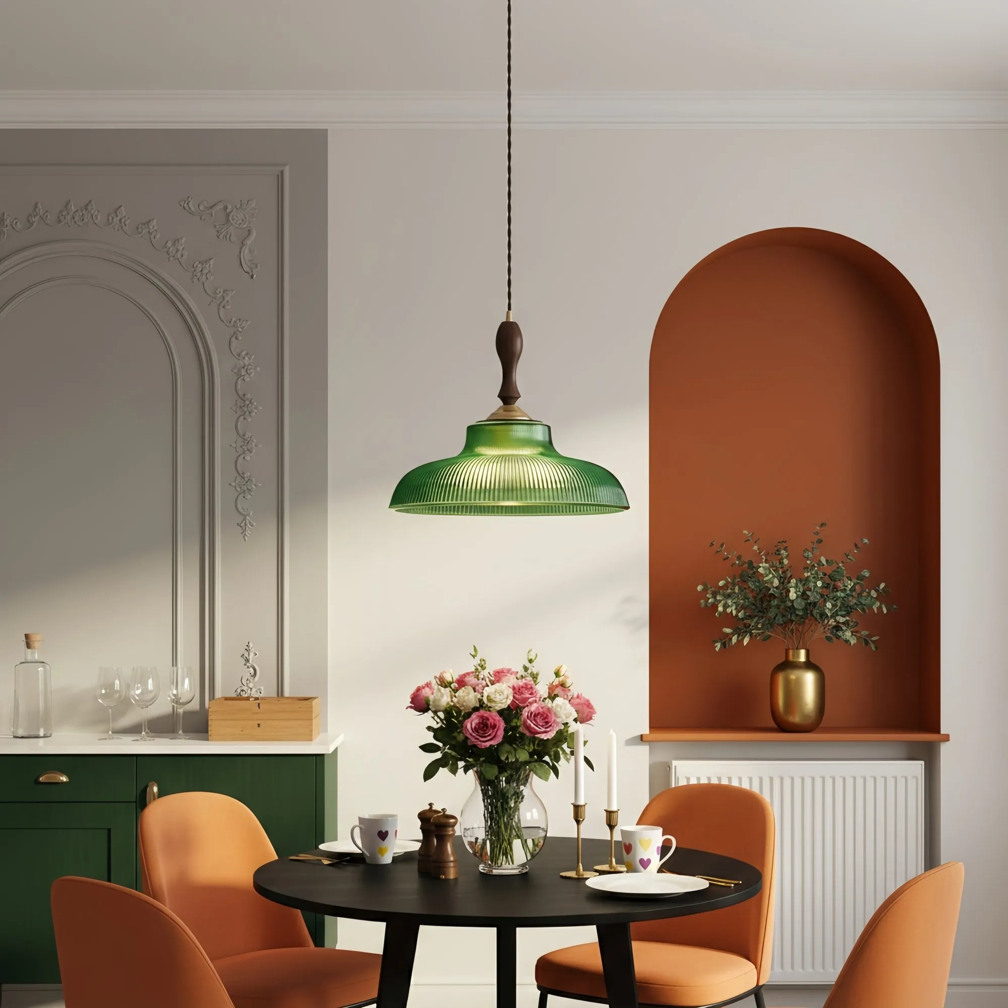 Elunaris Vintage Trumpet Shape Pendant Light with Green Glass Shade for Dining Room KL2256