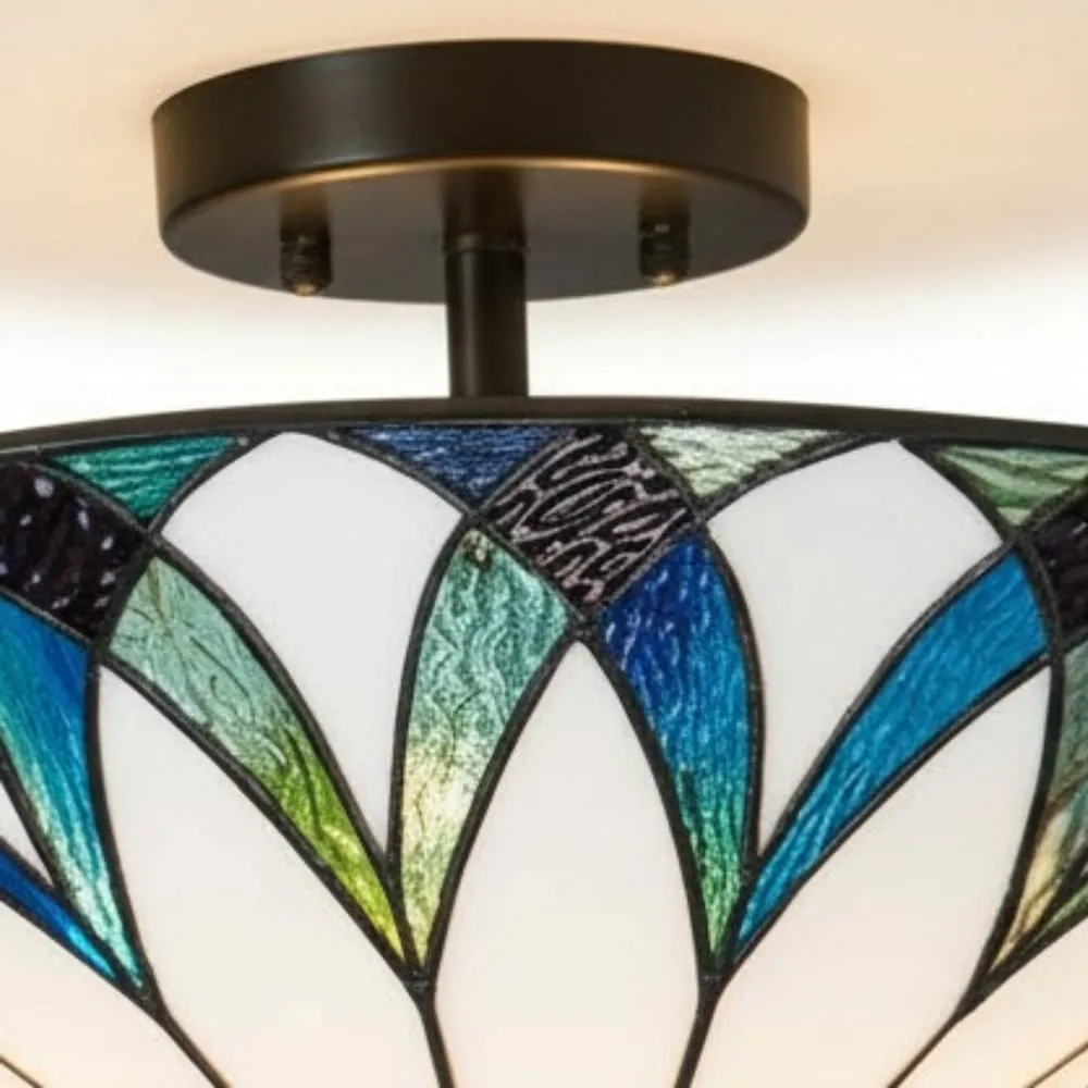 TF Allanton Tiffany Semi Flush Ceiling Light - Art Nouveau Patterned Shade for Living or Dining KL1961