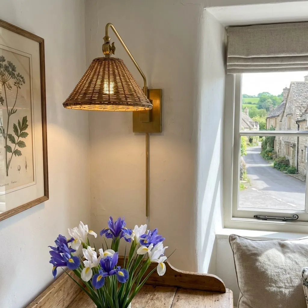 Welanery Swing Arm Rattan Wall Sconce - Farmhouse Style Lamp for Bedside Reading KL2372
