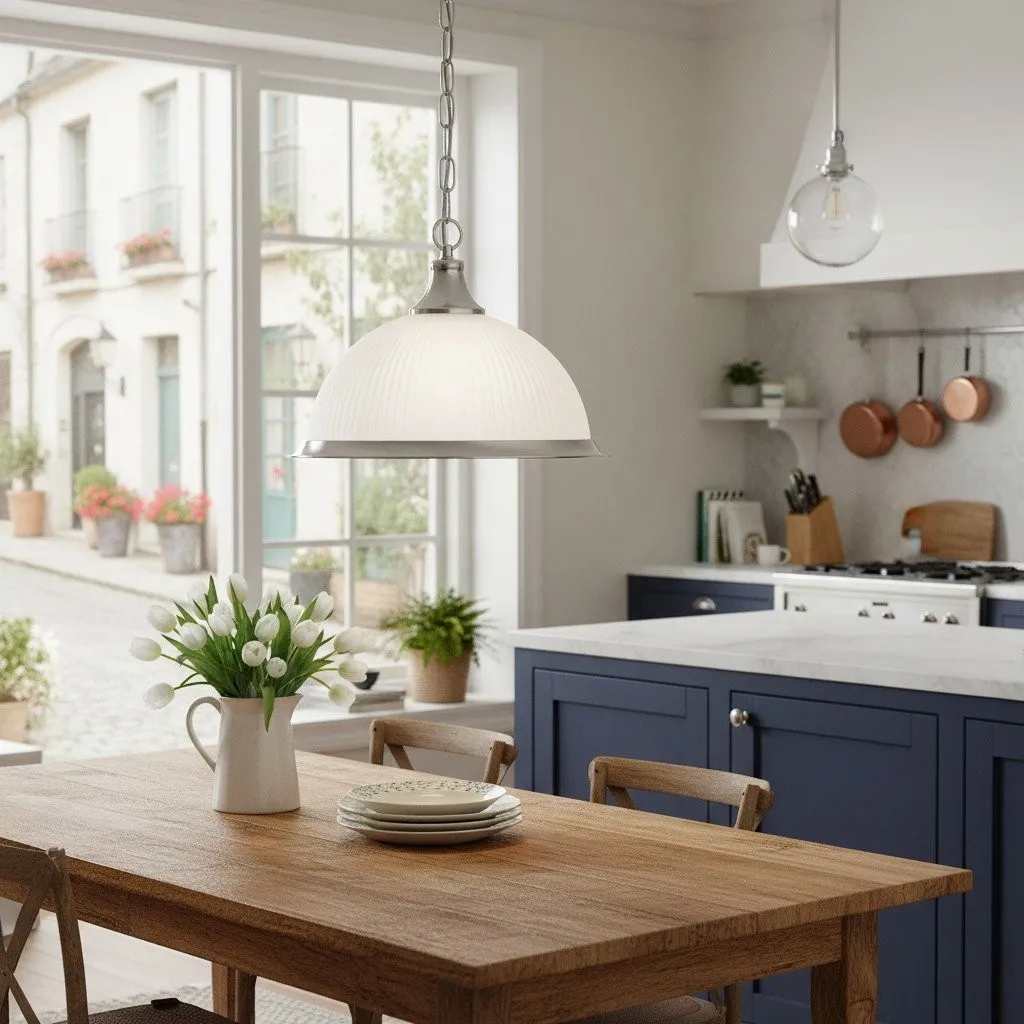 TF Vintora Ribbed Glass Pendant Light - Elegant Metal Trim for Kitchens, Dining Areas and Hallways KL1978