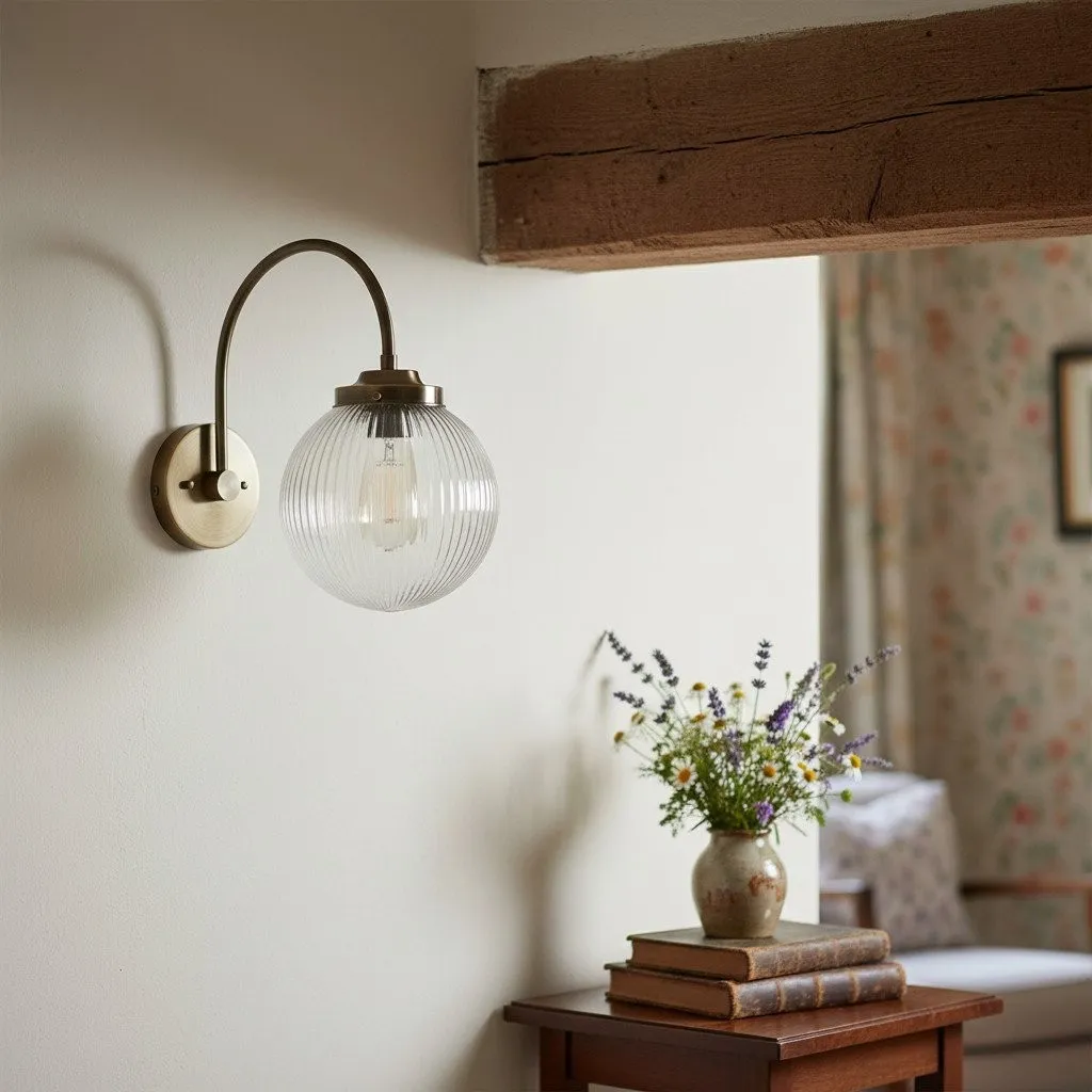 Glorica Glass Aged Brass Wall Sconce - Ribbed Glass Shade Industrial Style Lighting KL1518