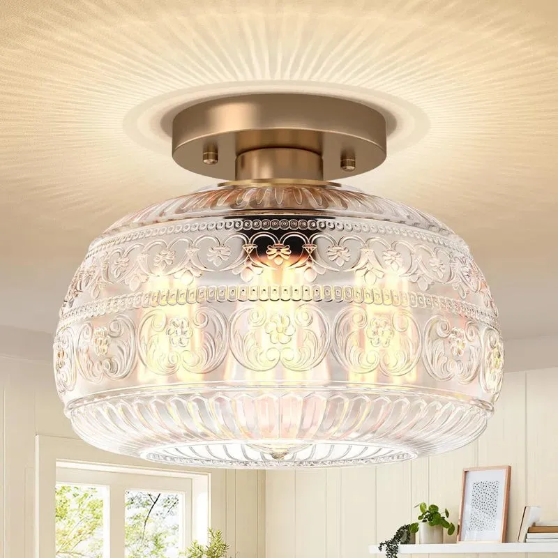 Lurex Engraved Glass Ceiling Light - Classic Floral Semi Flush Mount for Interior KL830