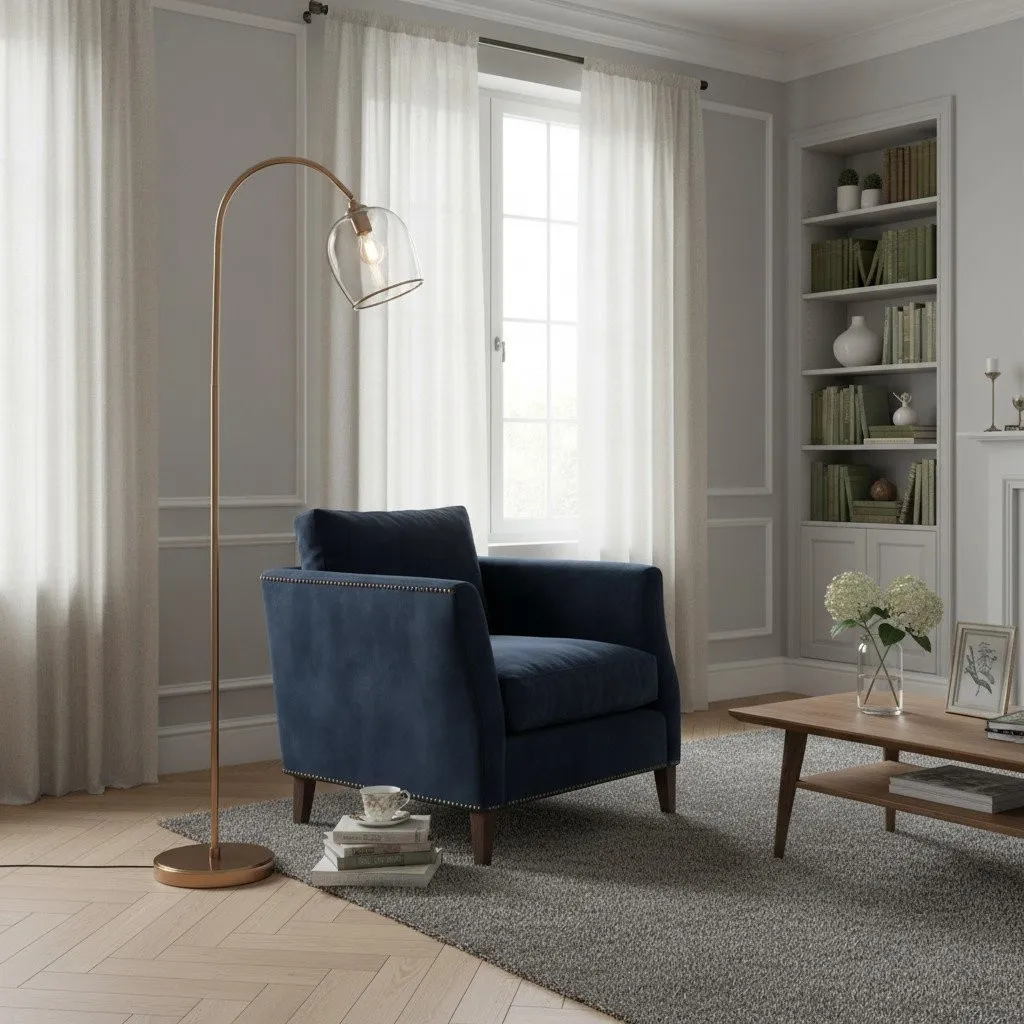Brazara Adjustable Glass Shade Floor Lamp - Curved Metal Stem for Living Spaces KL1848