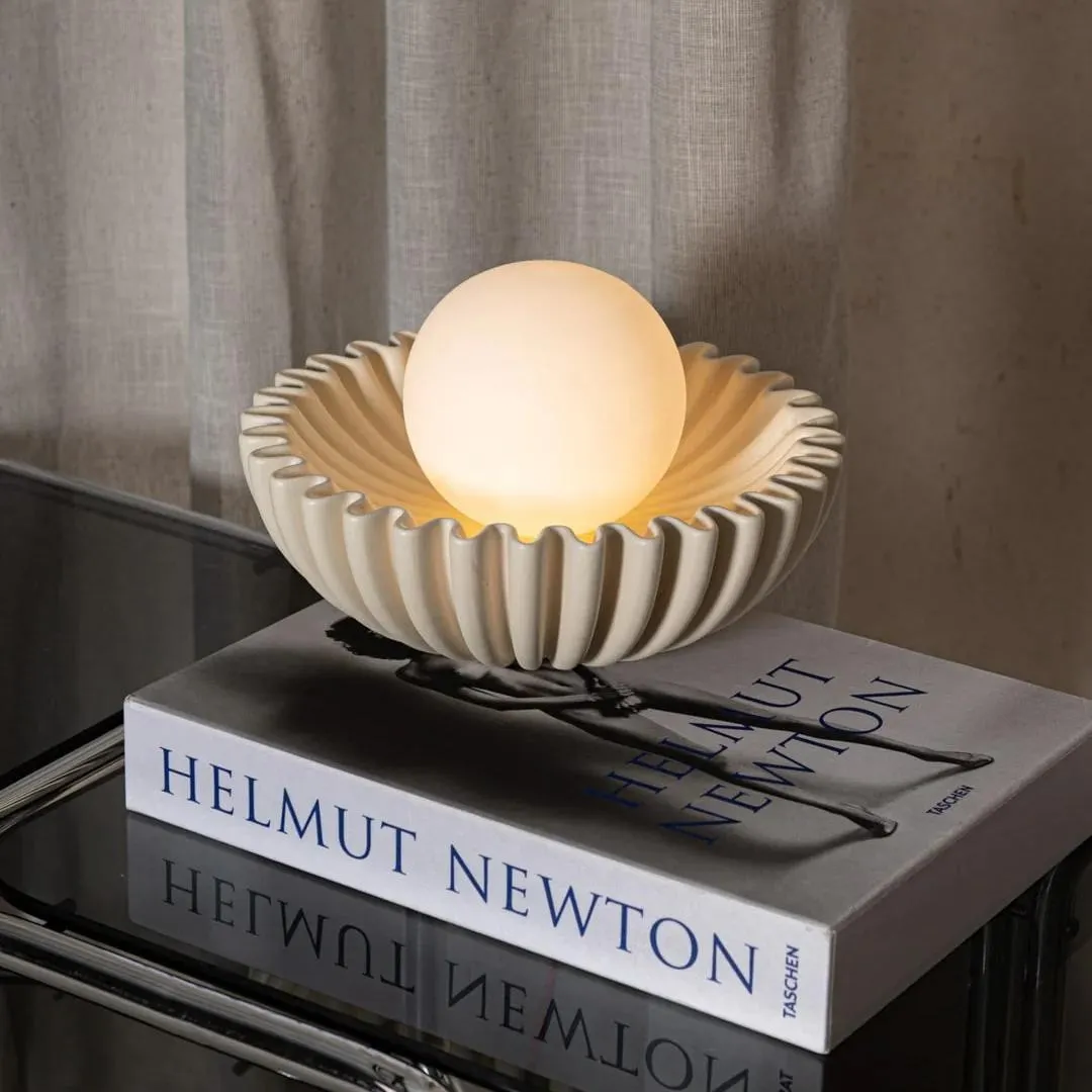 Sculptural Ceramic Table Lamp – Ceramic Shell Form with Milky Glass Orb KL1595
