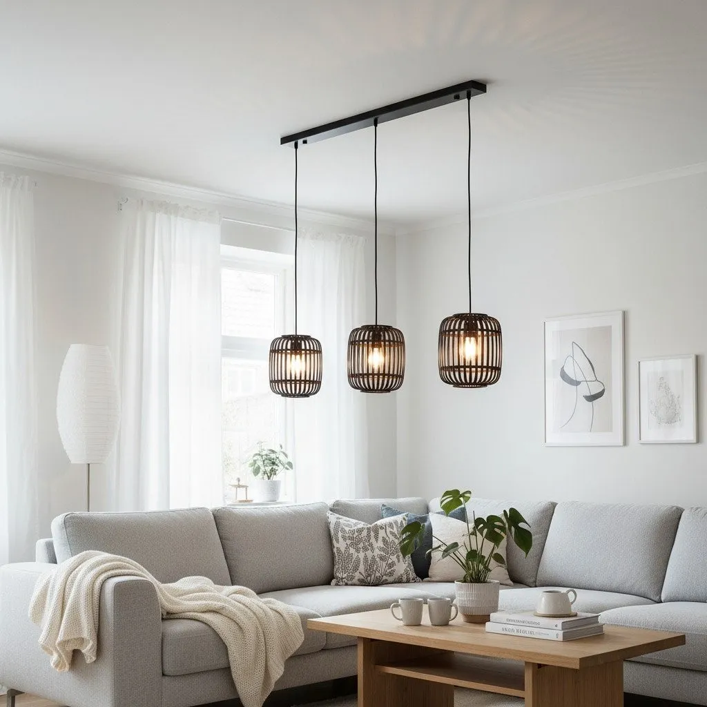 Yumeko Adjustable Bamboo Pendant Lamp - Natural Cage Pendant Light Perfect for Living & Dining Rooms KL1954