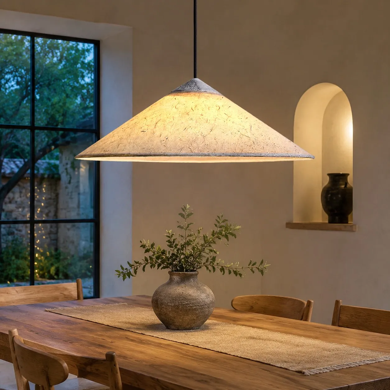 paper shade pendant light dining room scene