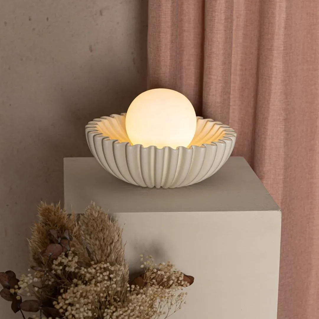 Sculptural Ceramic Table Lamp – Ceramic Shell Form with Milky Glass Orb KL1595