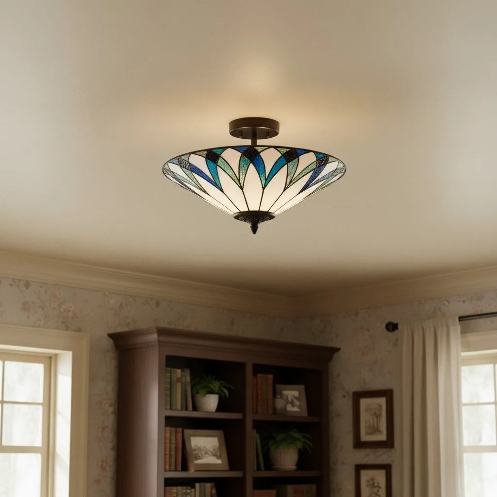 TF Allanton Tiffany Semi Flush Ceiling Light - Art Nouveau Patterned Shade for Living or Dining KL1961