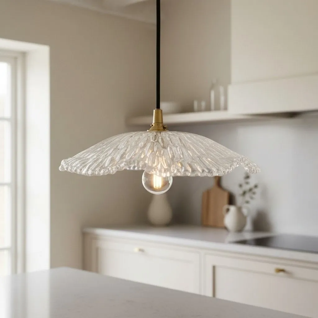 Floriaxis Floral Glass Pendant Light - Floral Glass Shade with Braided Cable for Kitchen or Dining KL1912