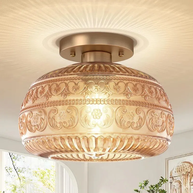 Lurex Engraved Glass Ceiling Light - Classic Floral Semi Flush Mount for Interior KL830