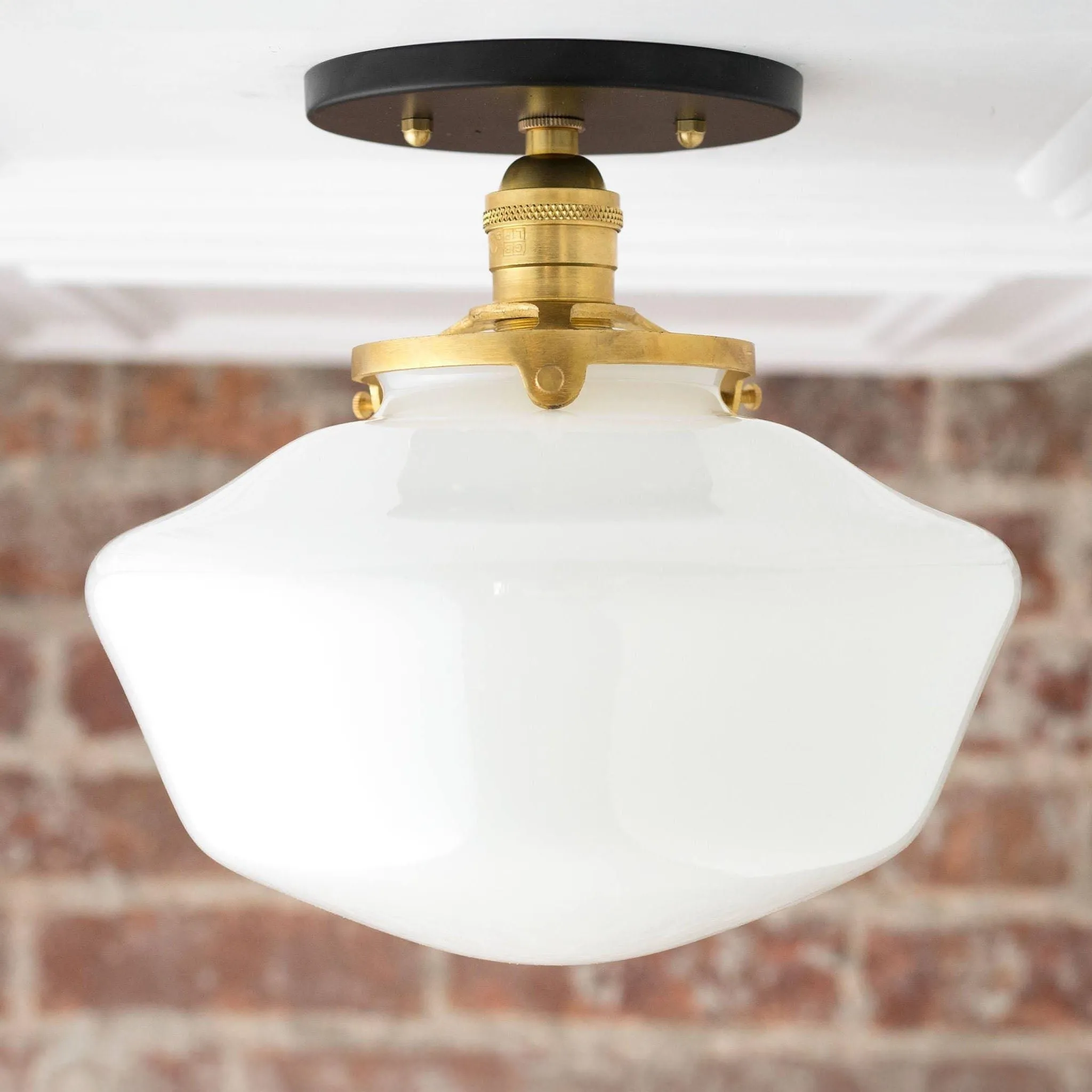 Geotower Glass Brass Ceiling Light - Opal Glass Schoolhouse Shade - Modern Elegance KL1508