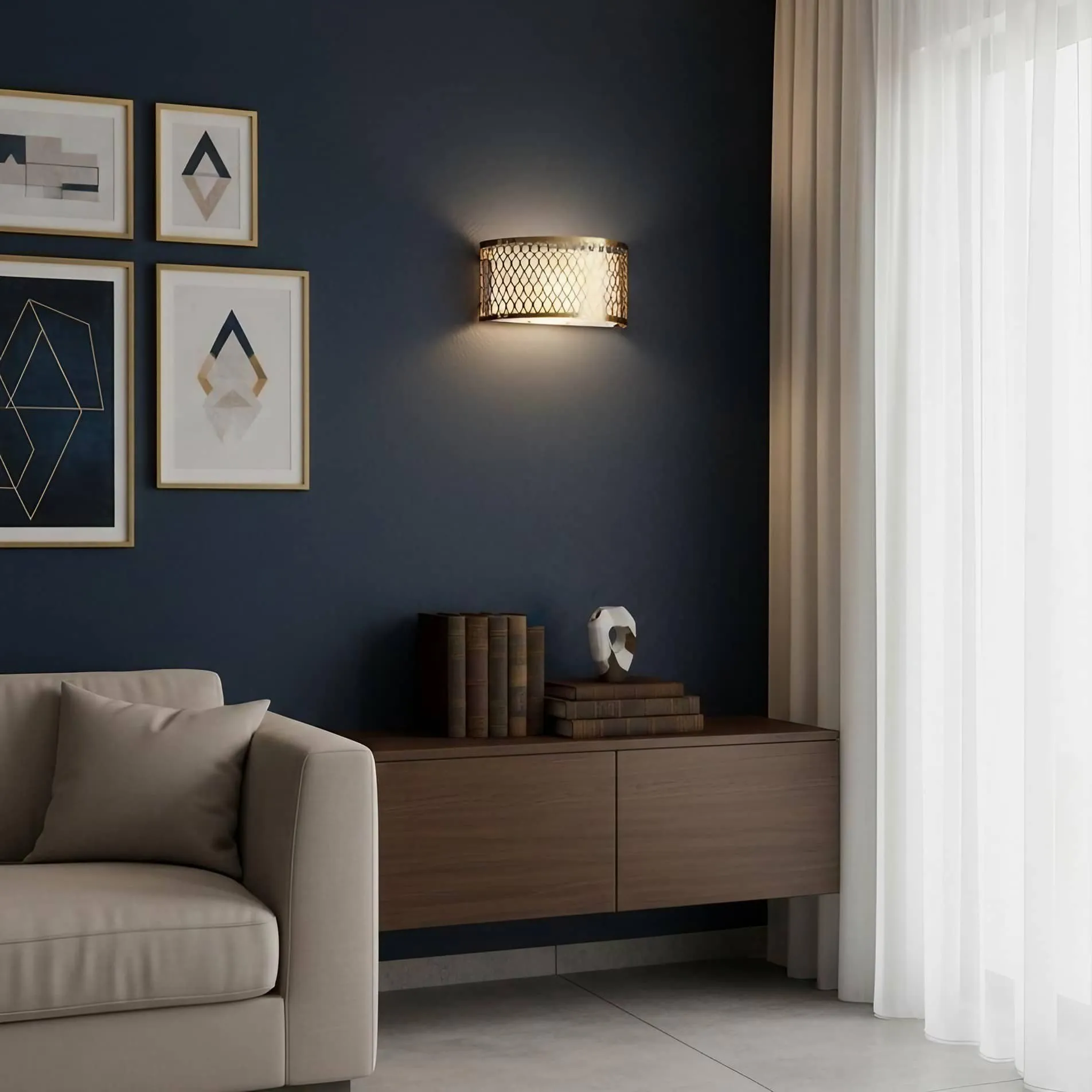 Liorin Fretwork Wall Light - Modern Curved Metal and Fabric Shade Sconce for Hallway or Bedroom KL1949