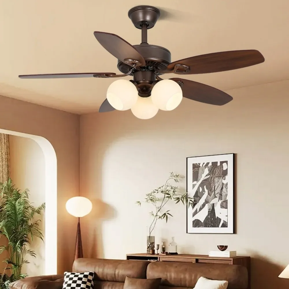 Vintage Wooden 5 Blade Ceiling Fan With White Glass Ball Lampshade KL949