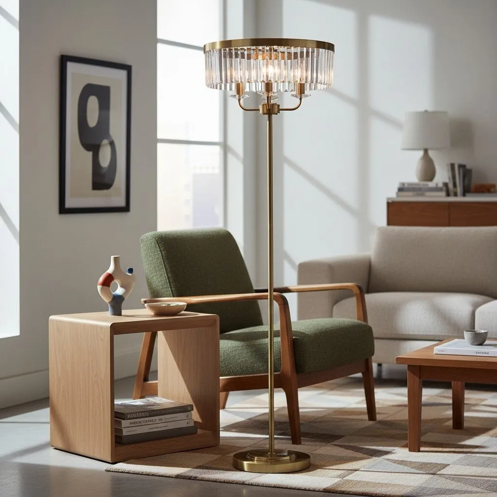 Beveline 3 Light Round Floor Lamp - Faceted Cut Glass Shades Classic Metal Finish For Living Rooms KL1828