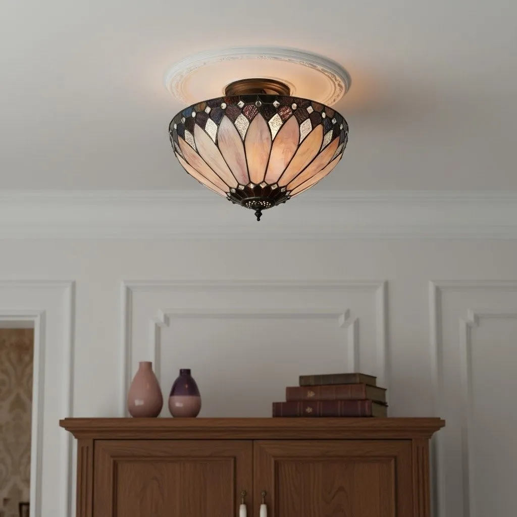 TF Brooklyn Tiffany Semi-flush Ceiling Light - Geometric Glass Shade for Hallways or Living Rooms KL2000