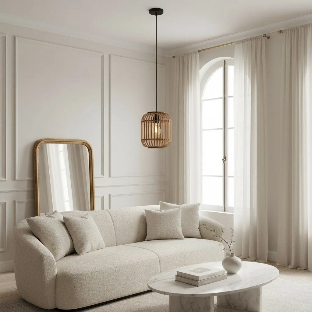 Yumeko Adjustable Bamboo Pendant Lamp - Natural Cage Pendant Light Perfect for Living & Dining Rooms KL1954