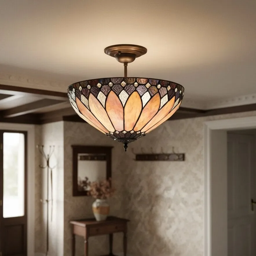TF Brooklyn Tiffany Semi-flush Ceiling Light - Geometric Glass Shade for Hallways or Living Rooms KL2000