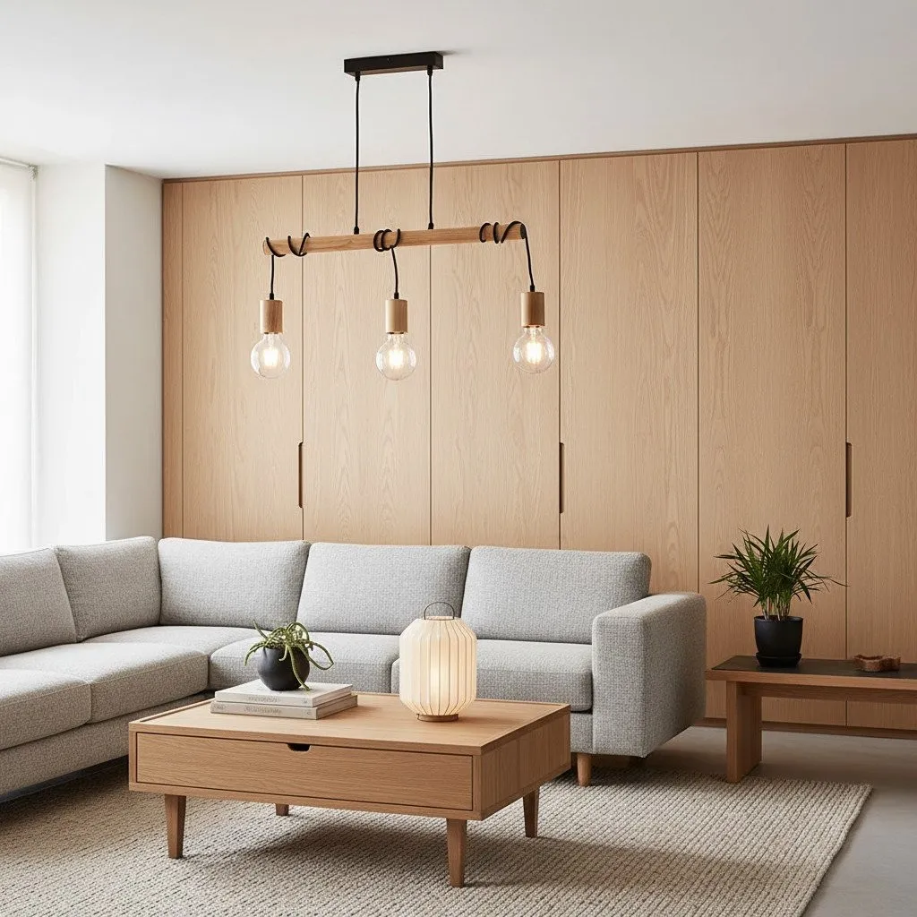 Virell Adjustable Linear Pendant Light - 3‑Bulb Wooden and Metal Design for Kitchen Island or Office KL1821