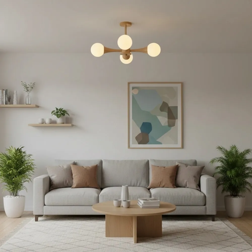 Novalune Multi-Light Glass Globe Chandelier with Wood Frame - Japanese Zen Style for Living Room KL2307