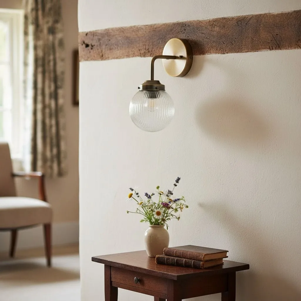 Glorica Glass Aged Brass Wall Sconce - Ribbed Glass Shade Industrial Style Lighting KL1518