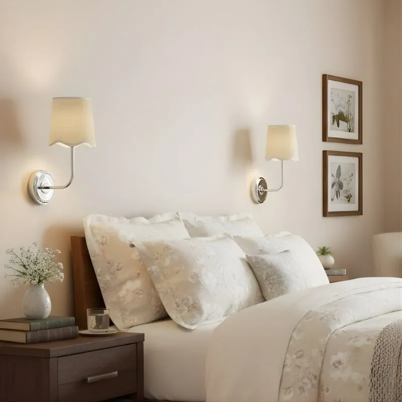 Glissum Elegant Linen Shade Wall Lamp - Brass or Chrome Finish Sconce for Bedroom Decor KL2085