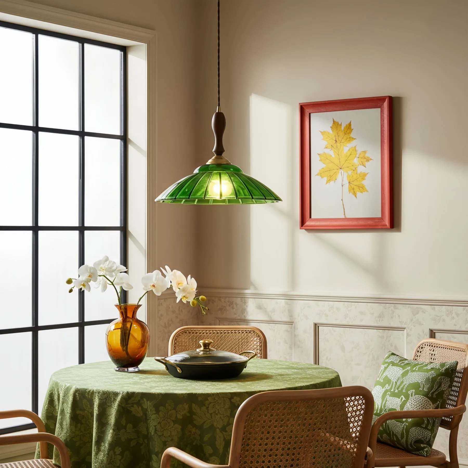 Elunaris Vintage Trumpet Shape Pendant Light with Green Glass Shade for Dining Room KL2256