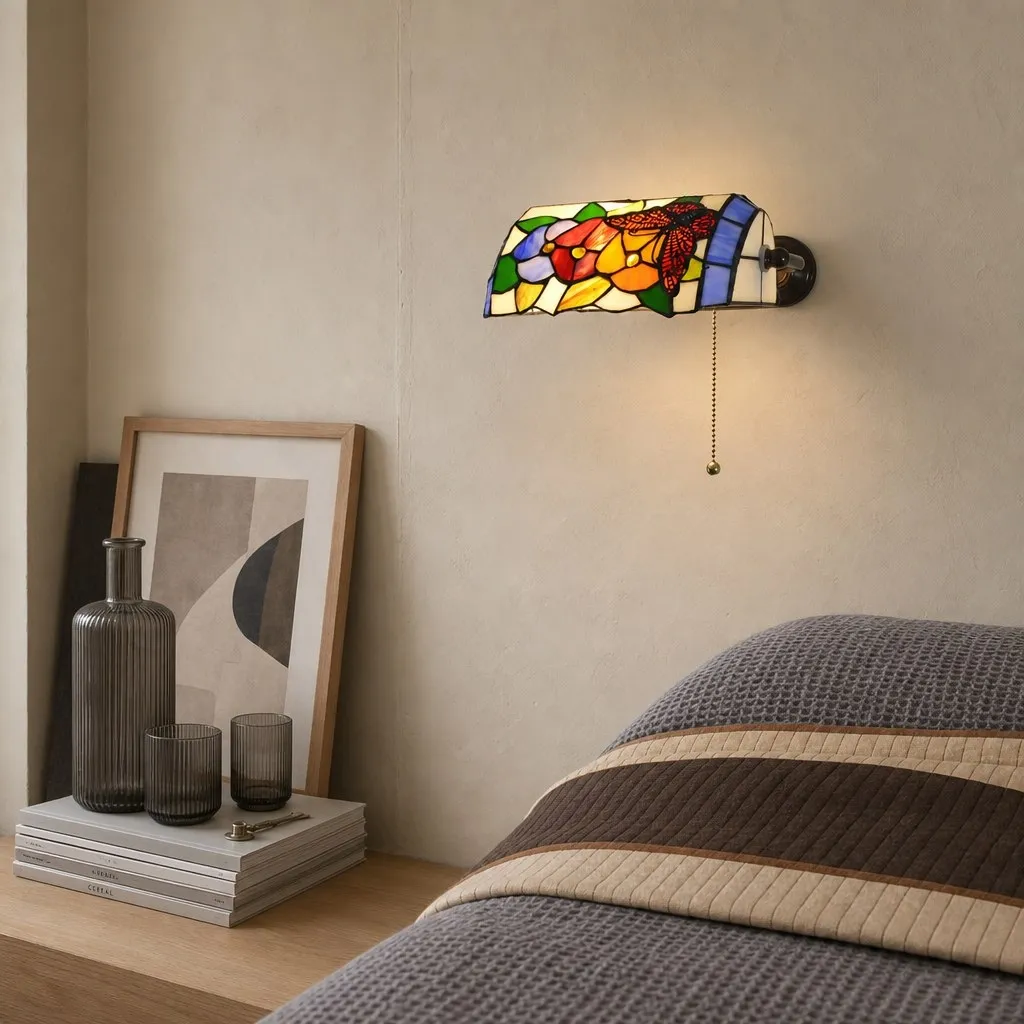 TF Tivanny Floral Stained Glass Wall Light - Tiffany Inspired Wall Sconce for Bedroom A24