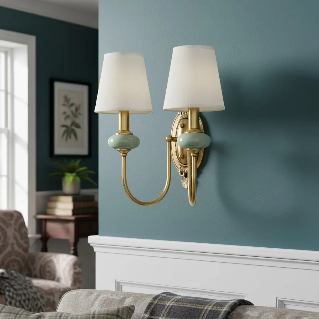 Rowanea Ceramic Wall Sconce with Fabric Shade and Metal Finish - Farmhouse Modern Hallway Light KL2197