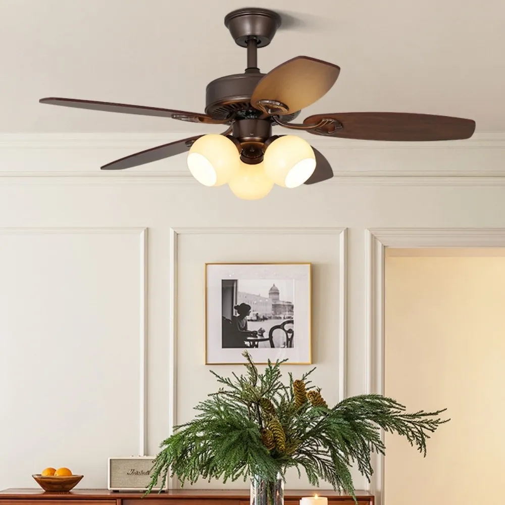 Vintage Wooden 5 Blade Ceiling Fan With White Glass Ball Lampshade KL949