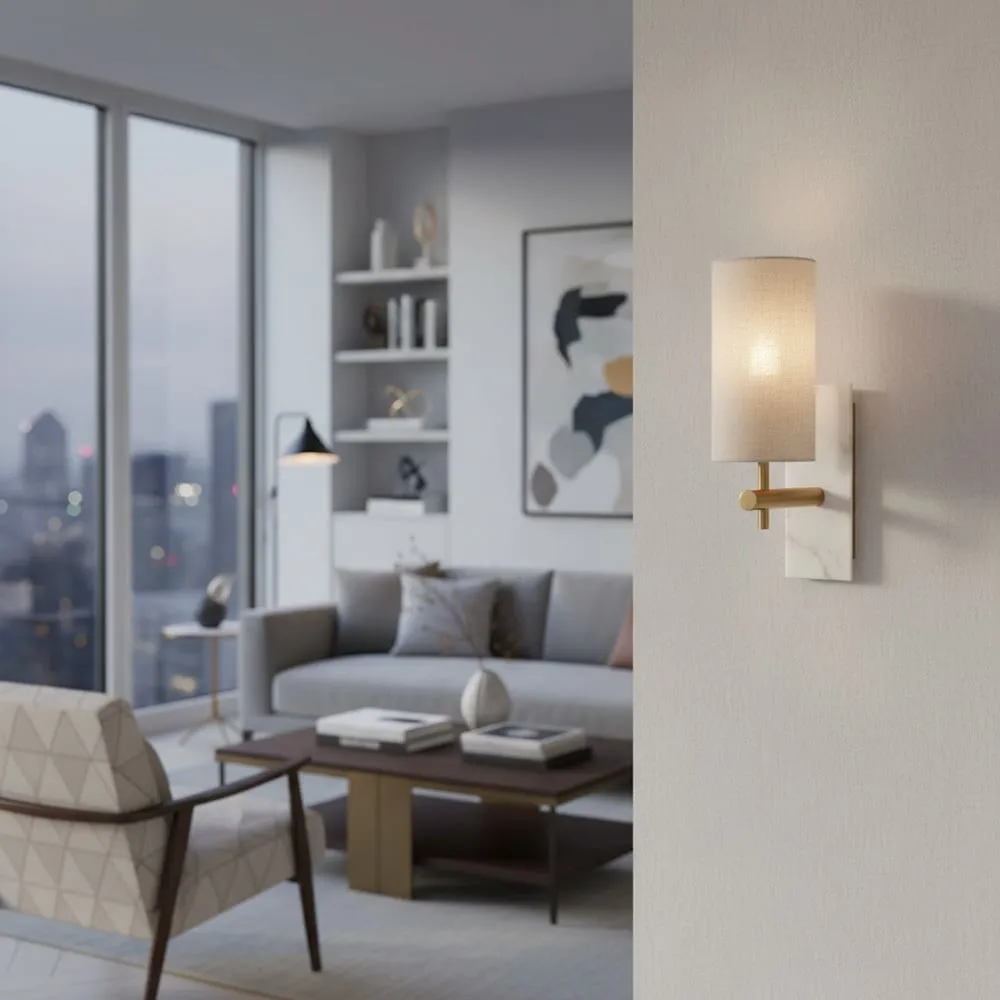 Linemora Marble and Brass Wall Sconce - Elegant Linen Shade Lighting for Bedroom and Hallway KL1587