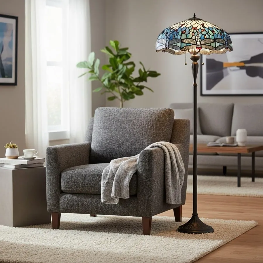 TiffStar Art Glass Floor Lamp with Ornamental Pattern Shade - Standing Light for Living Rooms KL1895