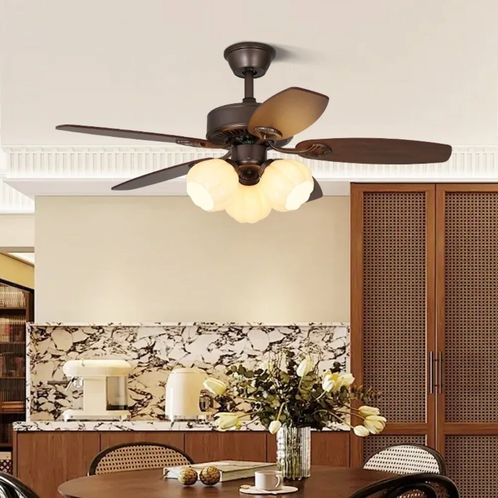 Vintage Wooden 5 Blade Ceiling Fan With White Glass Ball Lampshade KL949