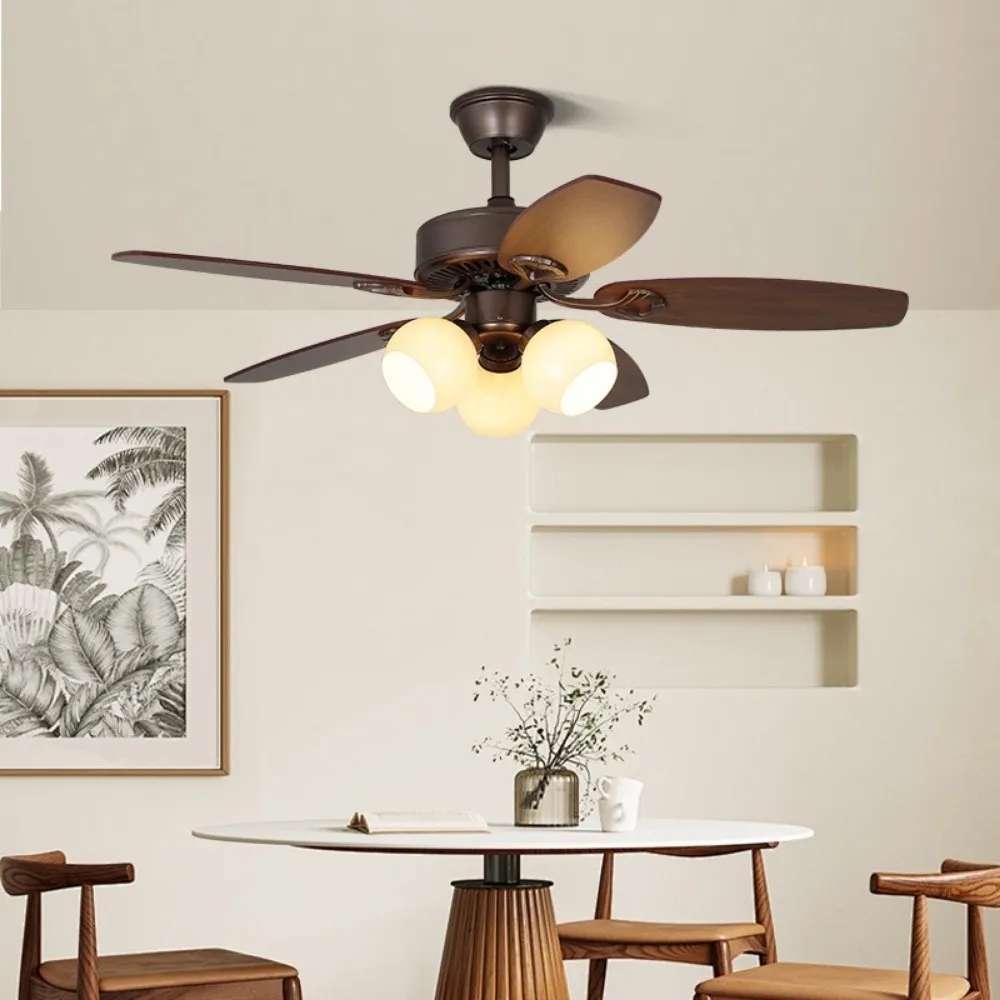 Vintage Wooden 5 Blade Ceiling Fan With White Glass Ball Lampshade KL949