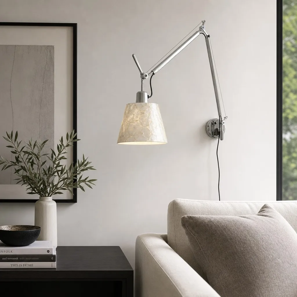 Lunavera Modern Capiz Shell or Fabric Shade Adjustable Arm Wall Lamp for Bedroom A20
