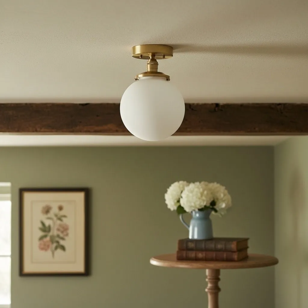 Glorica Glass Mid Century Semi Flush Ceiling Light - White Opal Glass Globe Fixture KL1532