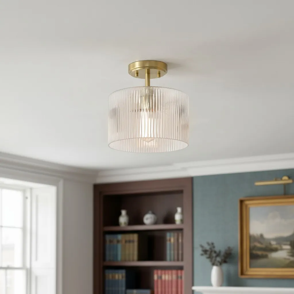 Rivora Ribbed Glass Ceiling Light - Modern Farmhouse Semi Flush Mount Lamp for Bedroom KL2220