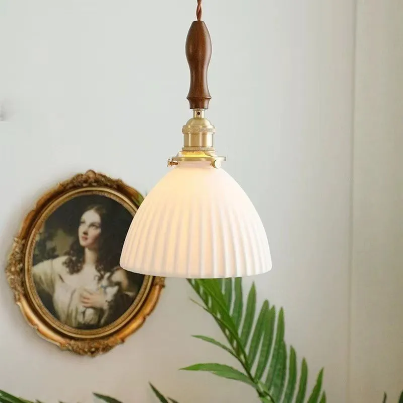Traditional Japanese Brass Walnut Glass Ceramic Cylinder Conic Flower Bowl 1-Light Pendant Light For Dining Room KL1245