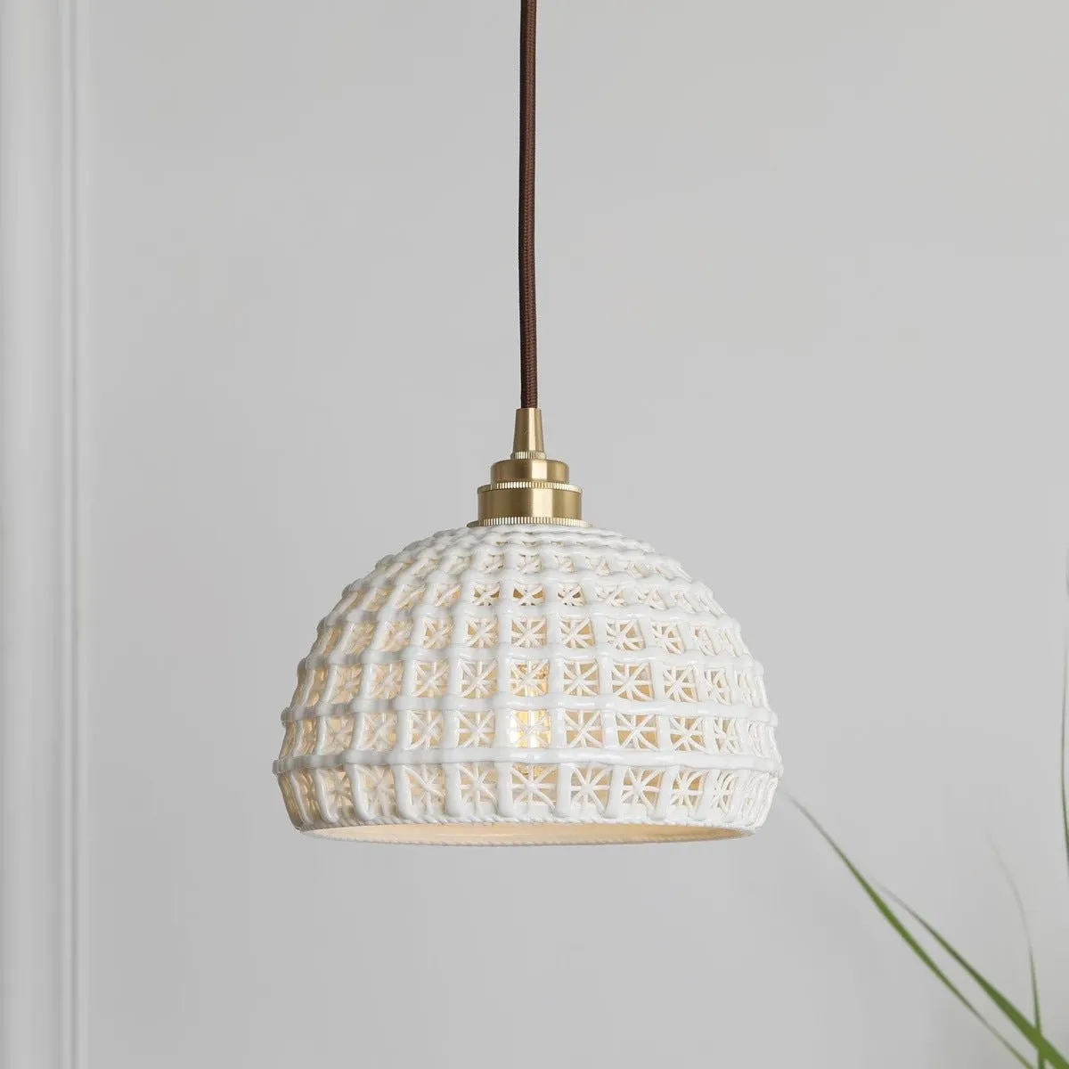 Traditional Japanese Brass Walnut Glass Ceramic Cylinder Conic Flower Bowl 1-Light Pendant Light For Dining Room KL1245