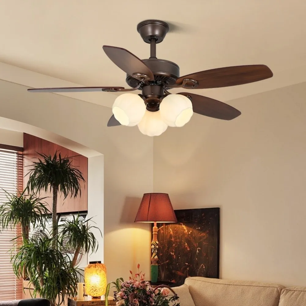 Vintage Wooden 5 Blade Ceiling Fan With White Glass Ball Lampshade KL949