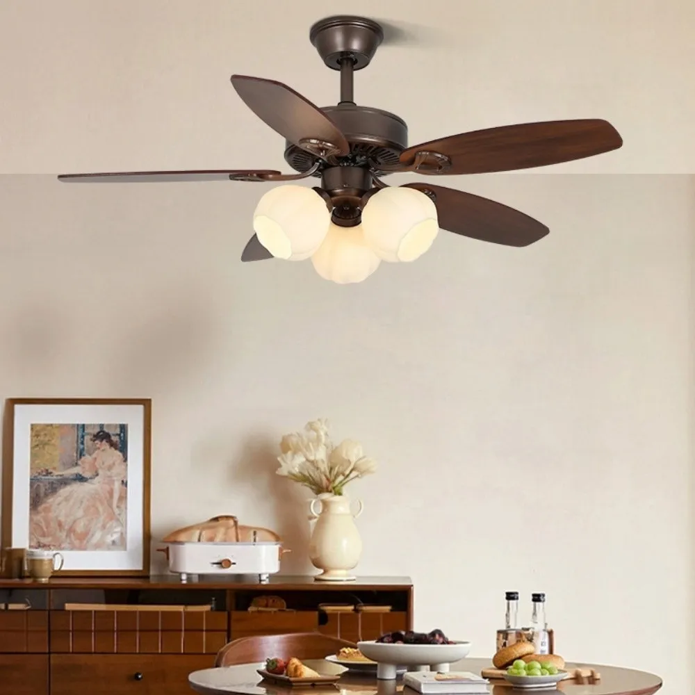 Vintage Wooden 5 Blade Ceiling Fan With White Glass Ball Lampshade KL949