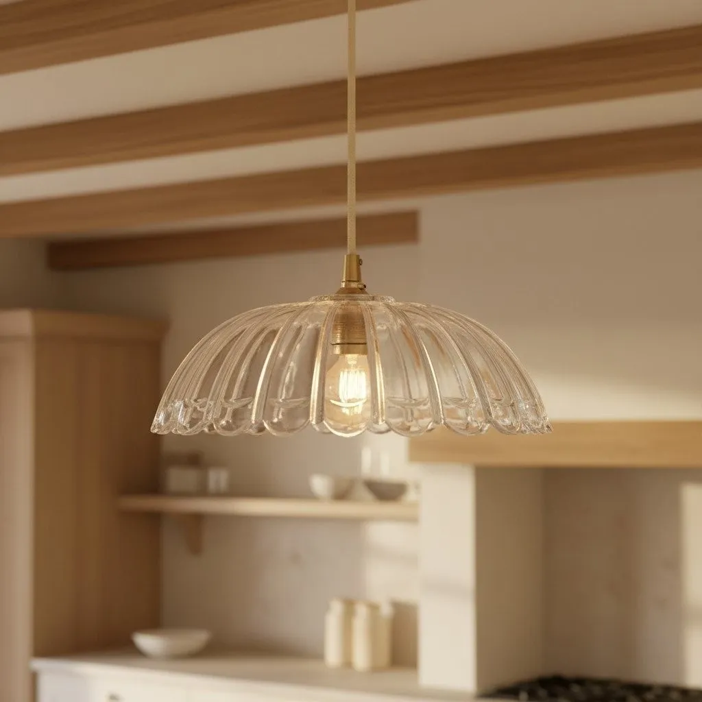 Floriaxis Floral Glass Pendant Light - Floral Glass Shade with Braided Cable for Kitchen or Dining KL1912