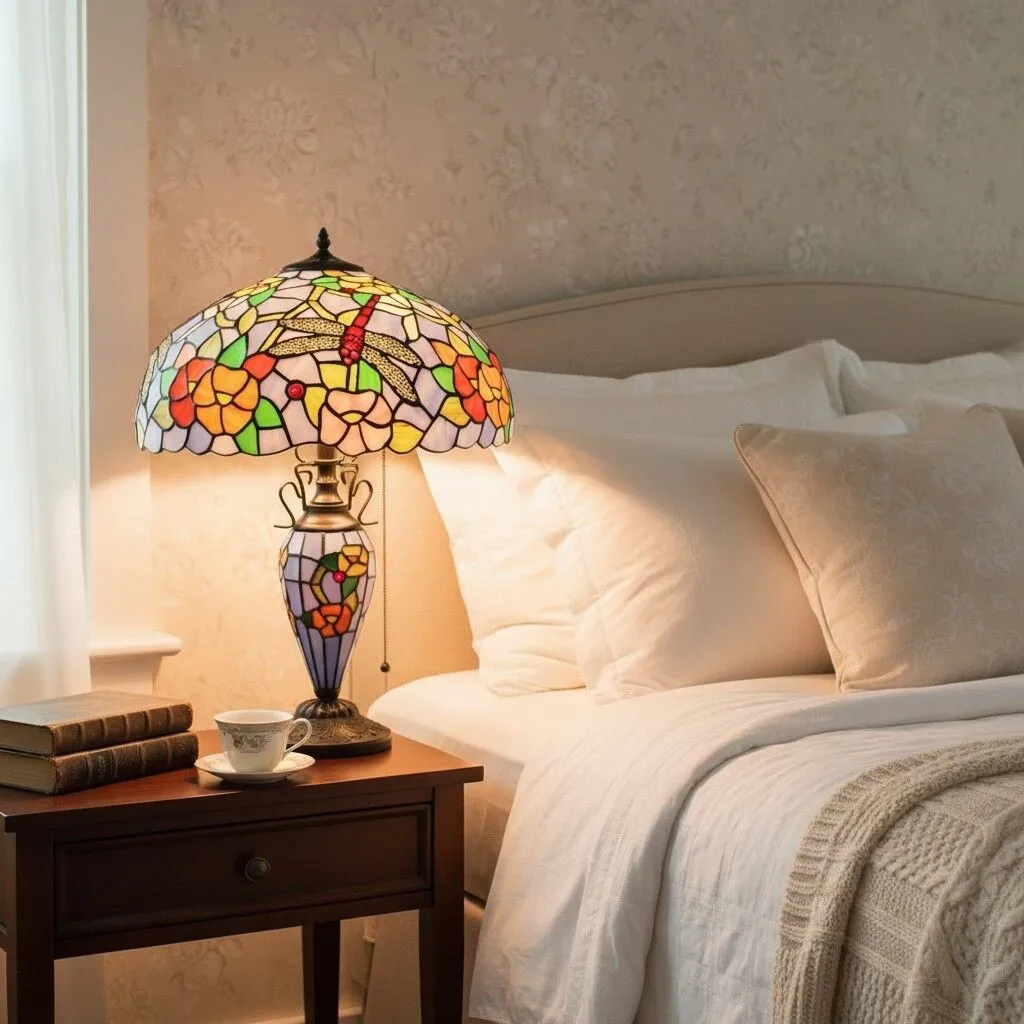 TF Keswick Dragonfly Tiffany Table Lamp - Handcrafted Stained Glass Shade for Living Room or Bedroom KL1890