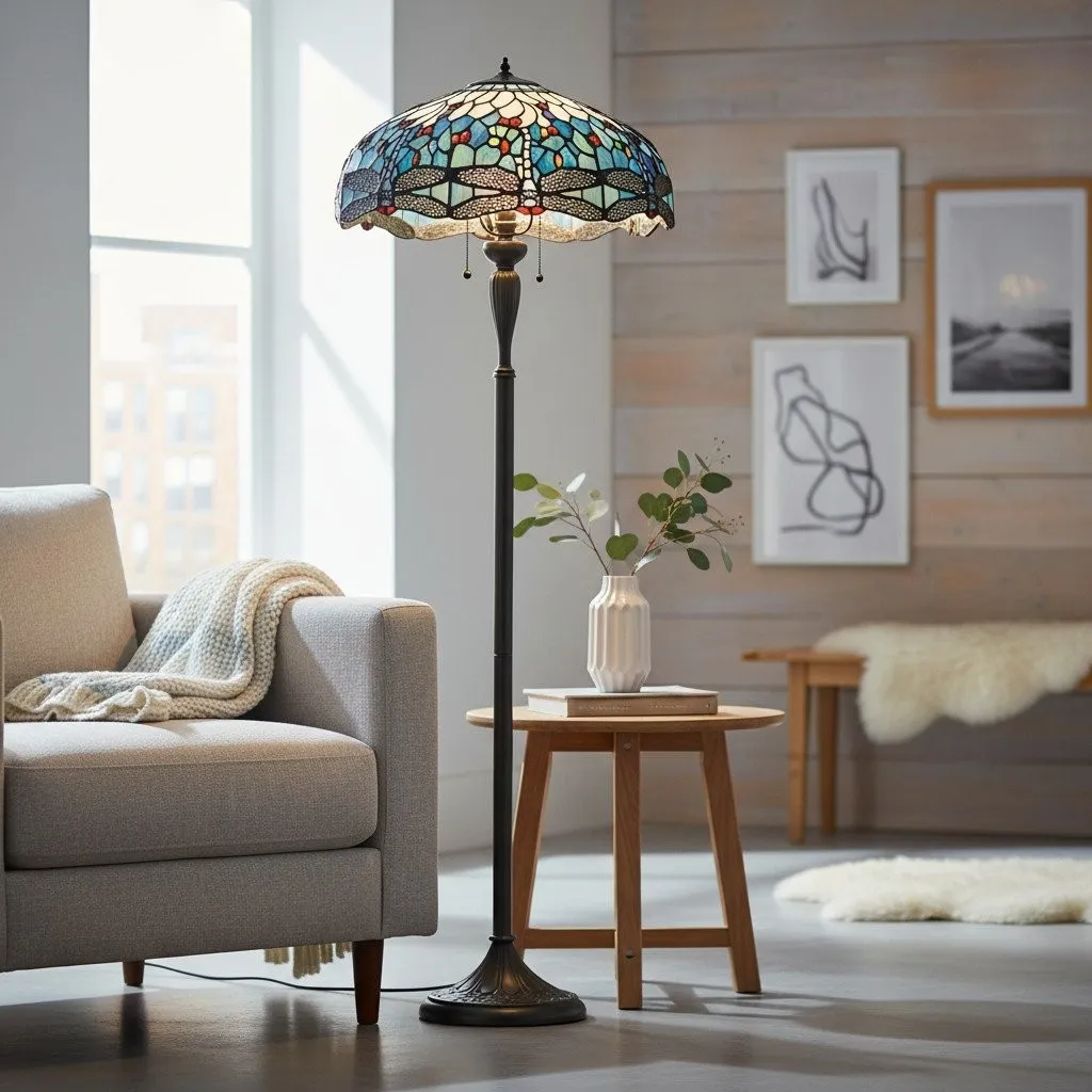 TiffStar Art Glass Floor Lamp with Ornamental Pattern Shade - Standing Light for Living Rooms KL1895