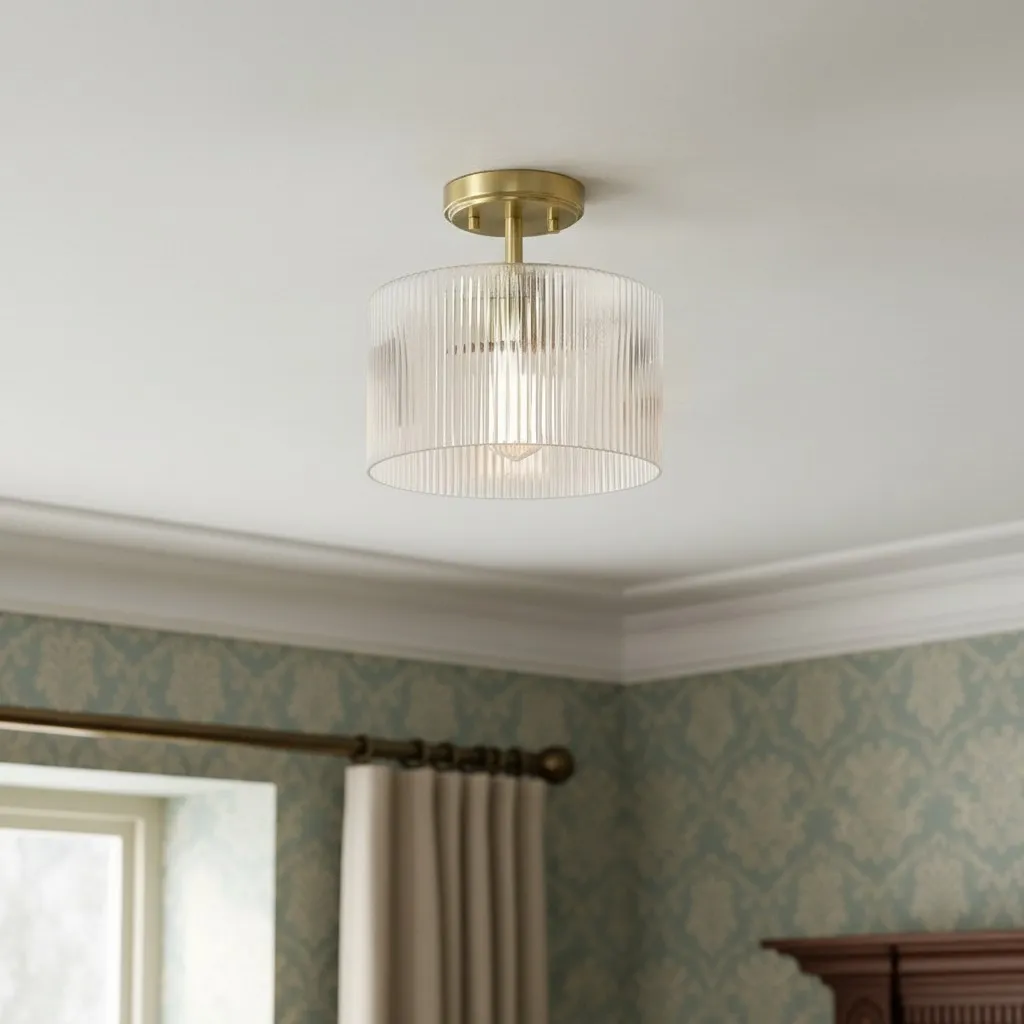 Rivora Ribbed Glass Ceiling Light - Modern Farmhouse Semi Flush Mount Lamp for Bedroom KL2220