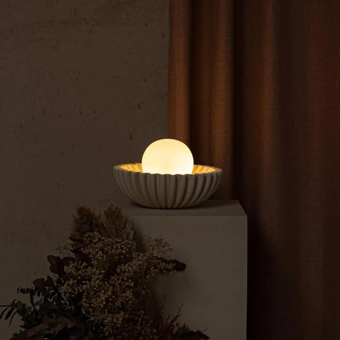 Sculptural Ceramic Table Lamp – Ceramic Shell Form with Milky Glass Orb KL1595