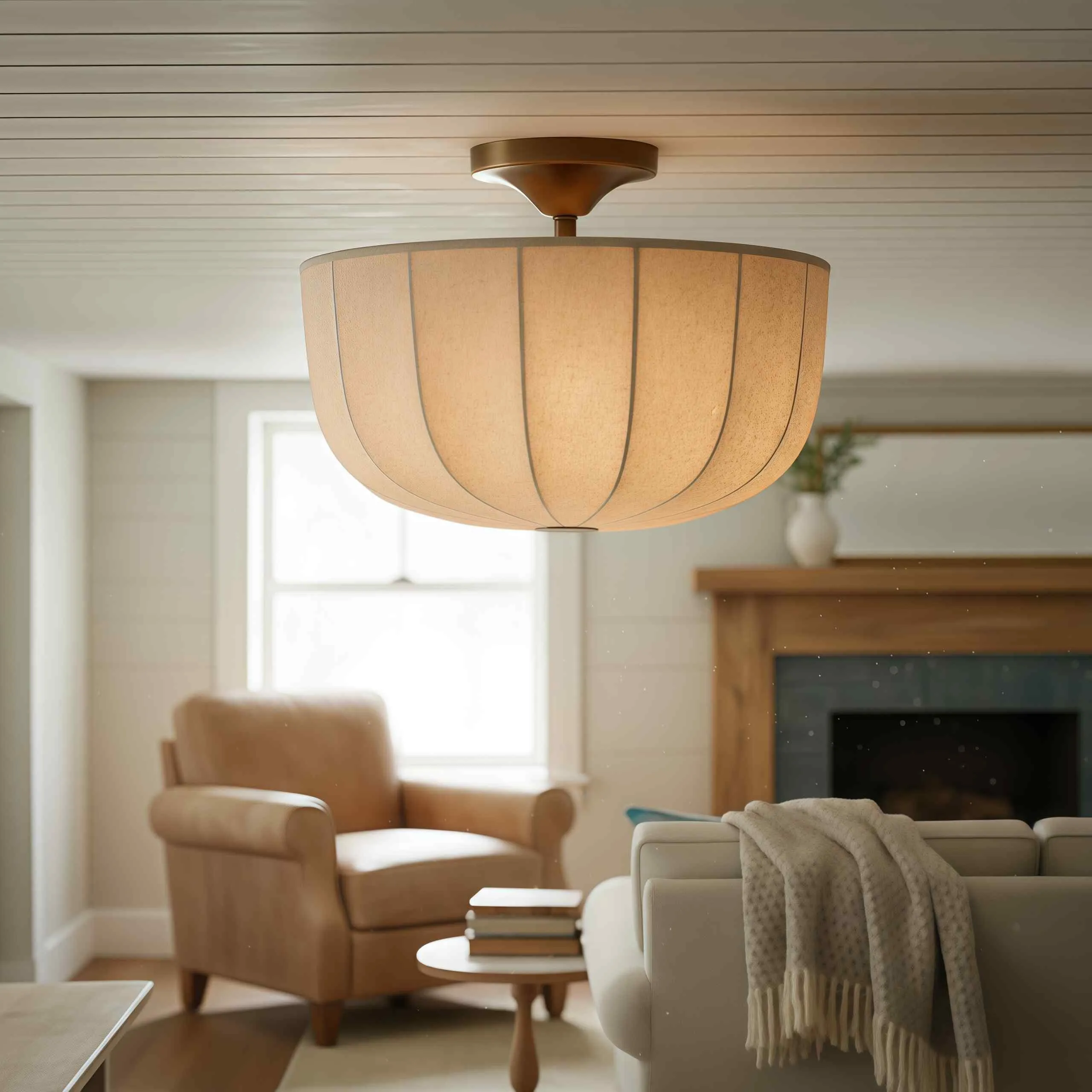 Loomis Textured Linen Flush Mount Ceiling Light - Japandi Style Lighting for Living Room KL2041