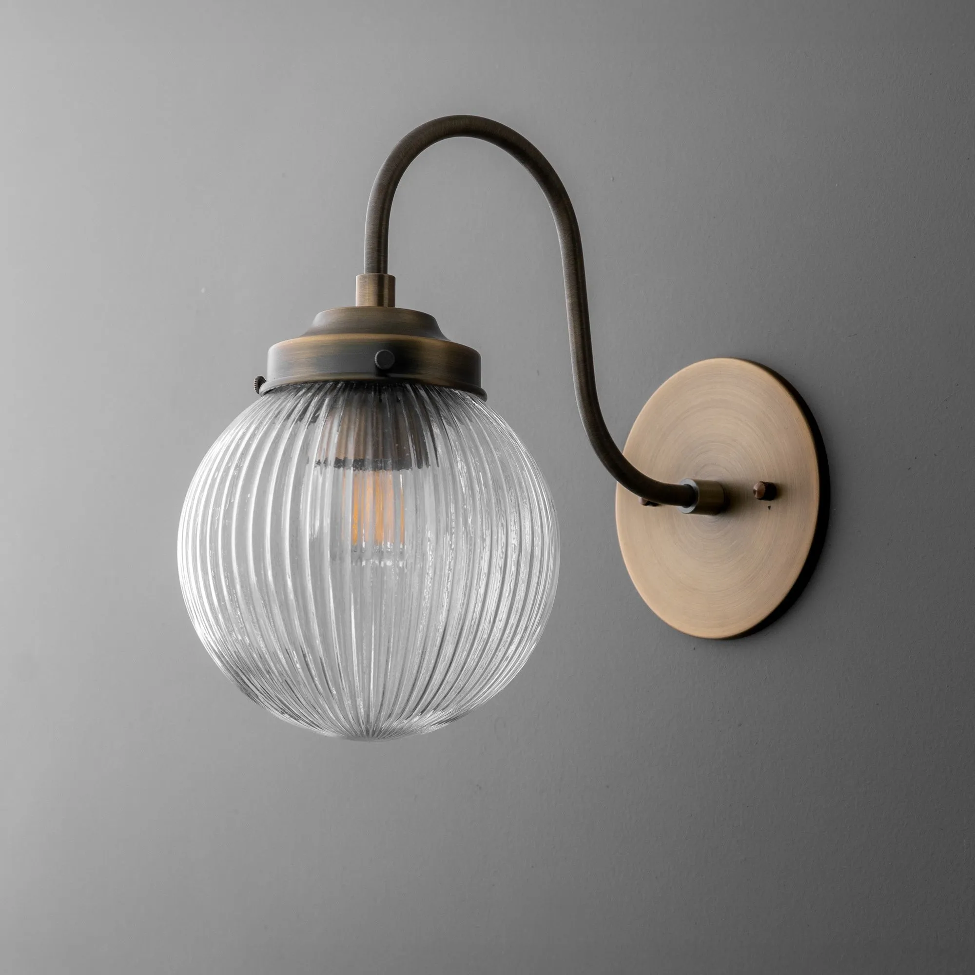 Glorica Glass Aged Brass Wall Sconce - Ribbed Glass Shade Industrial Style Lighting KL1518
