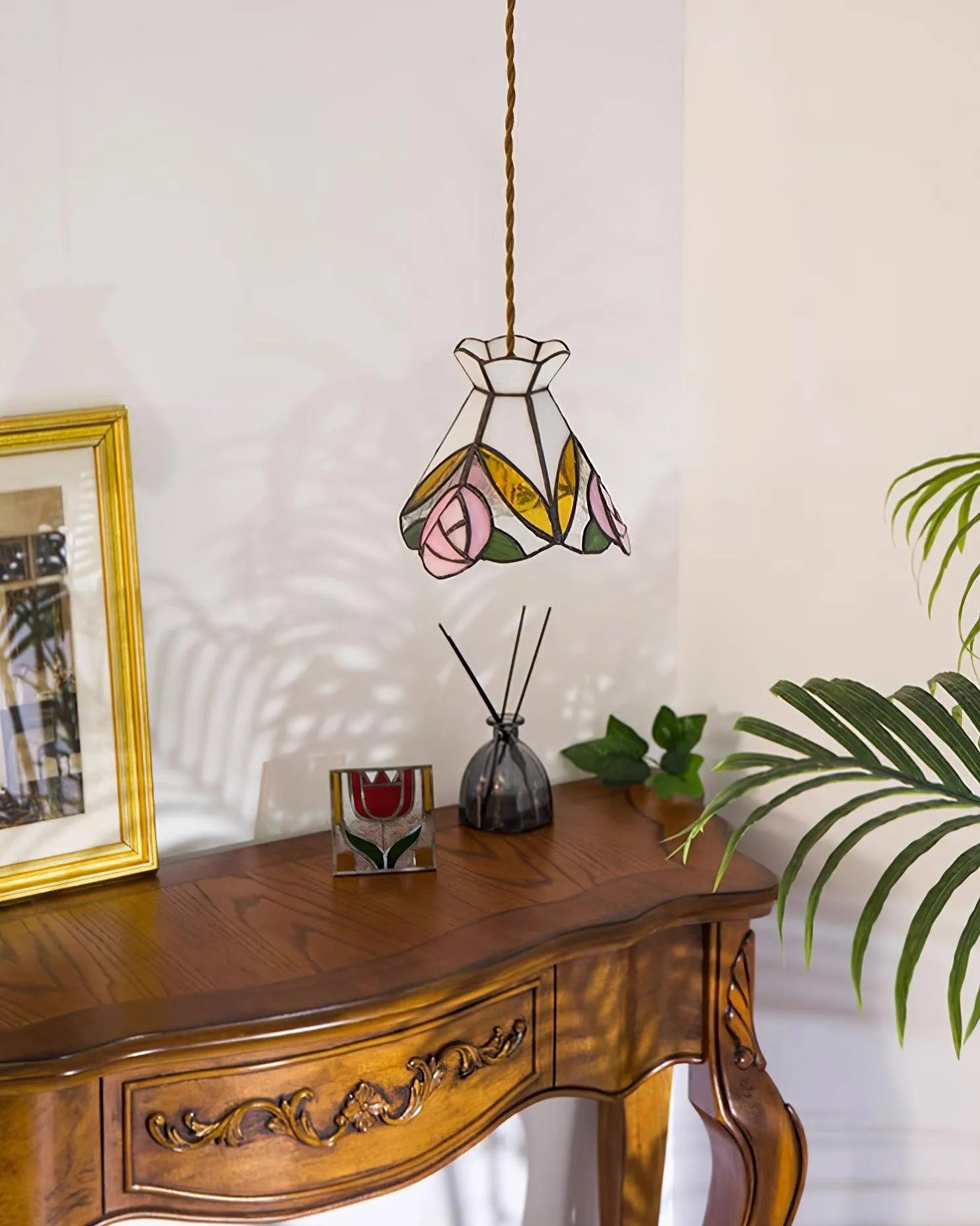 French Retro Rose Stained Glass Pendant Lamp KL690