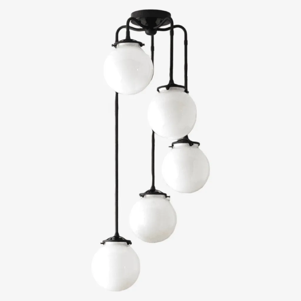 Glorica Glass 5 Globe Chandelier - Brass and Opal Glass Vintage Pendant Light KL1428