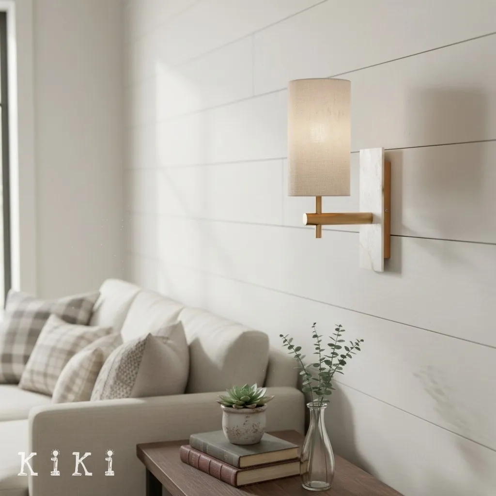 Linemora Marble and Brass Wall Sconce - Elegant Linen Shade Lighting for Bedroom and Hallway KL1587